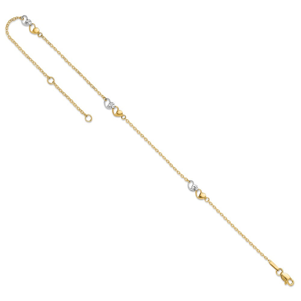 14K Two-Tone Polished and D/c Hearts 9in Plus 1in Ext. Anklet