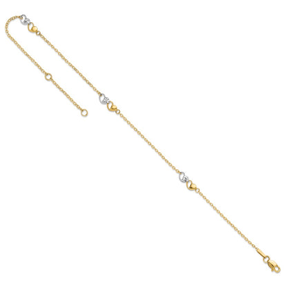 14K Two-Tone Polished and D/c Hearts 9in Plus 1in Ext. Anklet