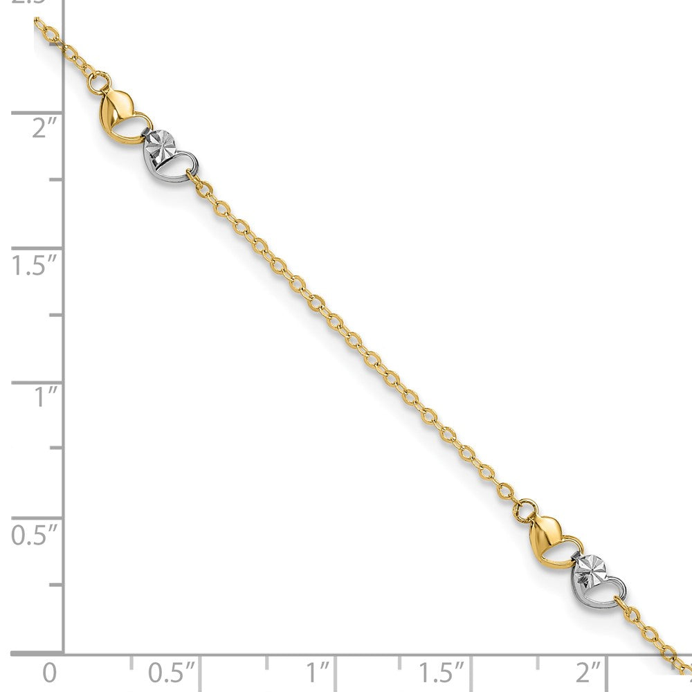 14K Two-Tone Polished and D/c Hearts 9in Plus 1in Ext. Anklet