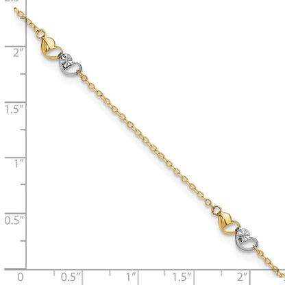 14K Two-Tone Polished and D/c Hearts 9in Plus 1in Ext. Anklet
