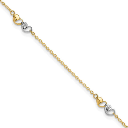 14K Two-Tone Polished and D/c Hearts 9in Plus 1in Ext. Anklet