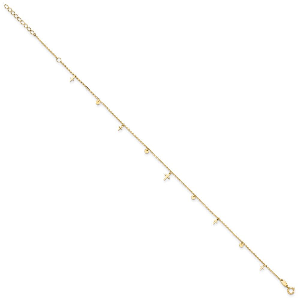 14K Yellow Gold Polished Crosses 9in Plus 2in Ext. Anklet