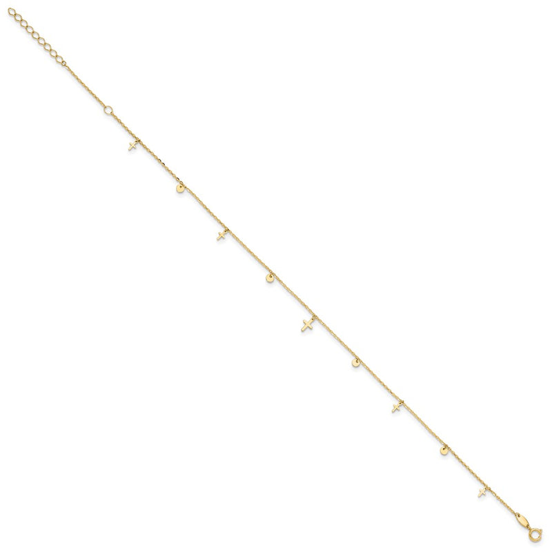 14K Yellow Gold Polished Crosses 9in Plus 2in Ext. Anklet
