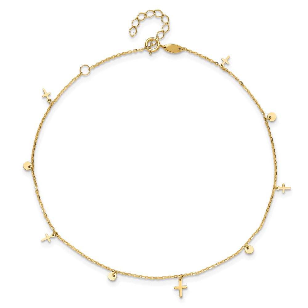 14K Yellow Gold Polished Crosses 9in Plus 2in Ext. Anklet