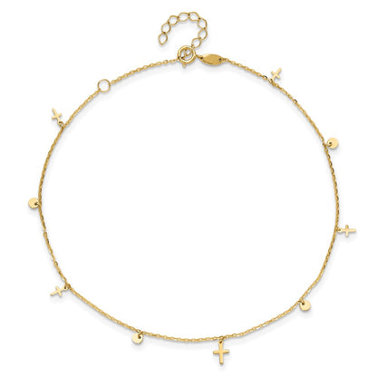 14K Yellow Gold Polished Crosses 9in Plus 2in Ext. Anklet