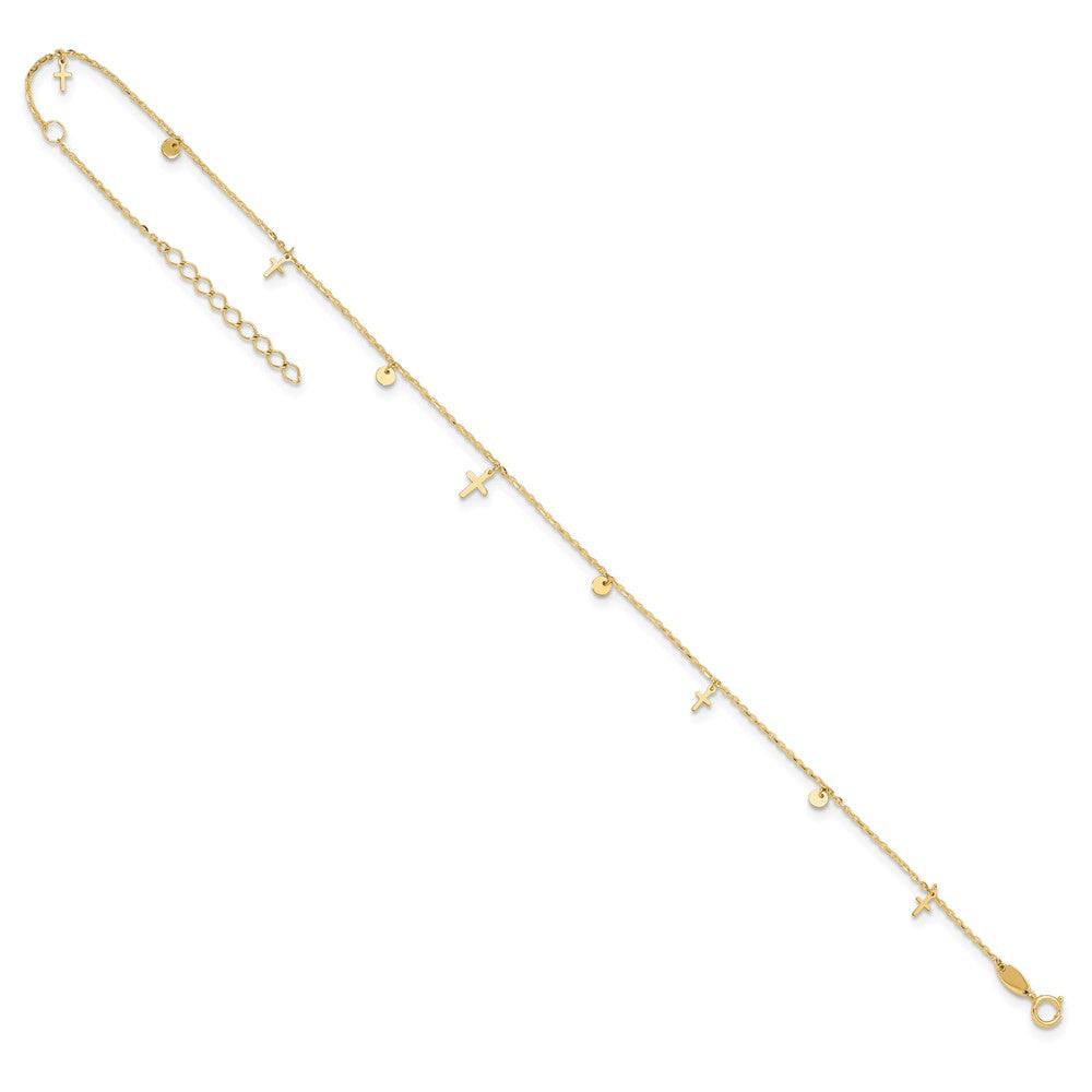 14K Yellow Gold Polished Crosses 9in Plus 2in Ext. Anklet