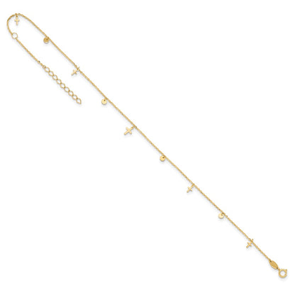 14K Yellow Gold Polished Crosses 9in Plus 2in Ext. Anklet
