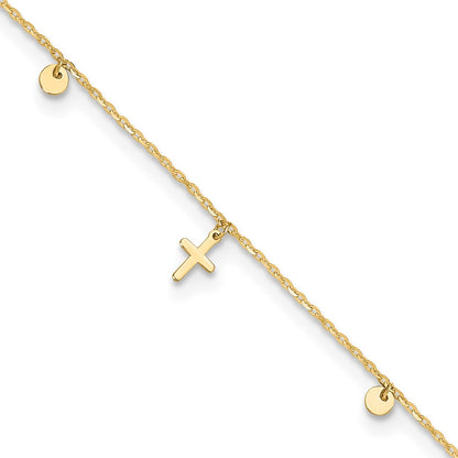 14K Yellow Gold Polished Crosses 9in Plus 2in Ext. Anklet
