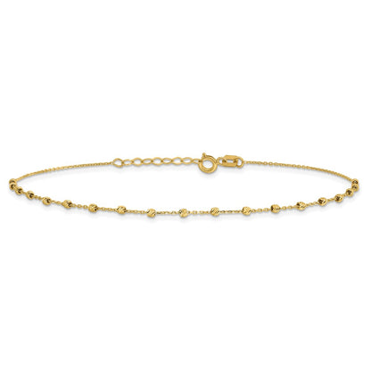 14K Yellow Gold Polished Diamond-Cut Beaded 9in Plus .75in Ext. Anklet