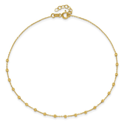 14K Yellow Gold Polished Diamond-Cut Beaded 9in Plus .75in Ext. Anklet