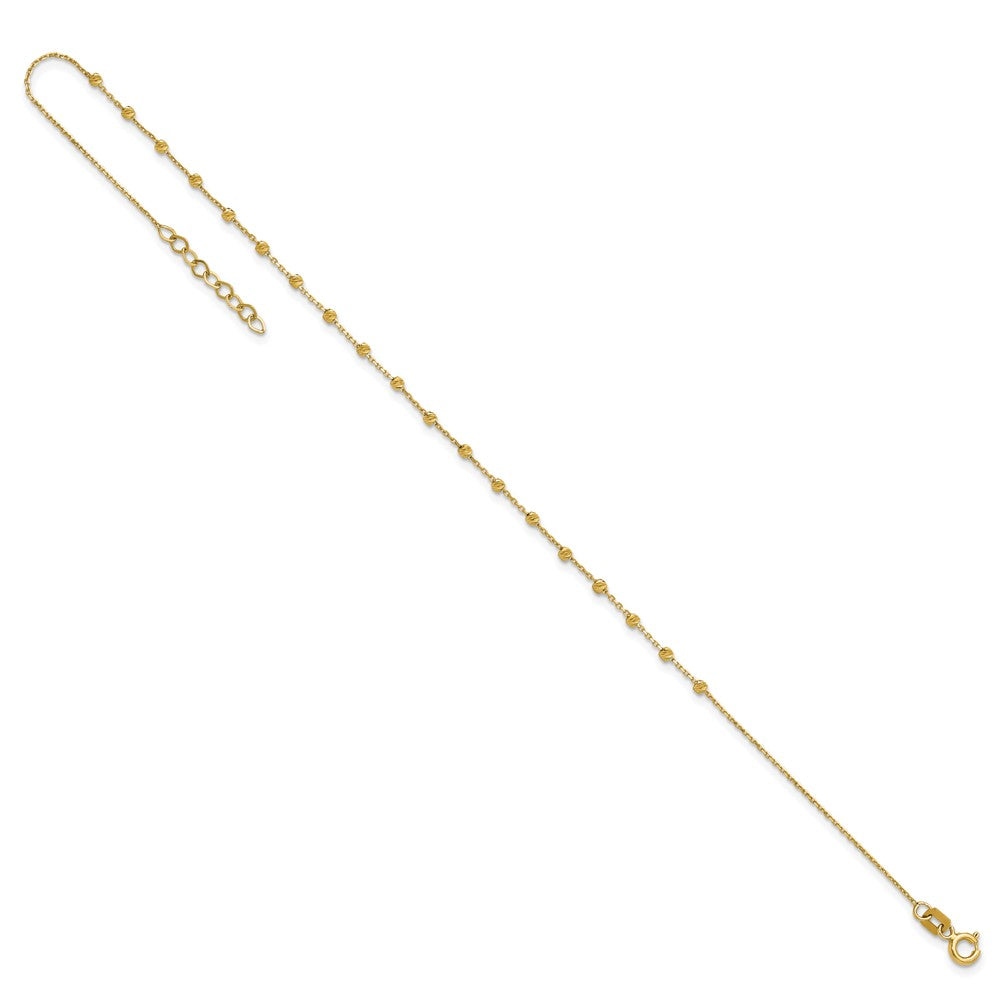 14K Yellow Gold Polished Diamond-Cut Beaded 9in Plus .75in Ext. Anklet