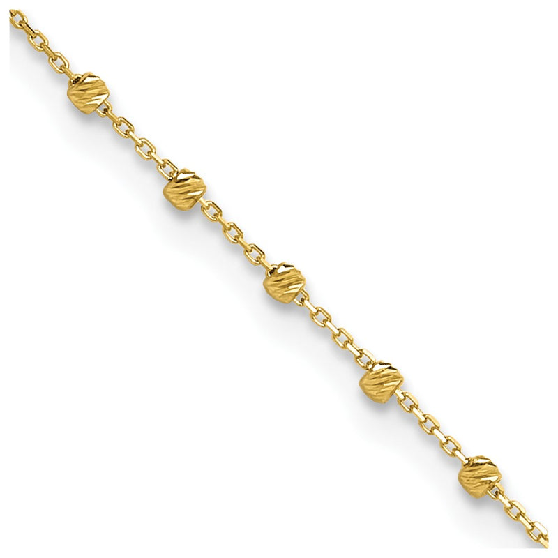 14K Yellow Gold Polished Diamond-Cut Beaded 9in Plus .75in Ext. Anklet