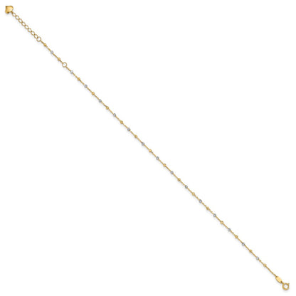 14K Two-Tone Polished and Diamond-Cut Beads 10in Plus 1in Ext. Anklet