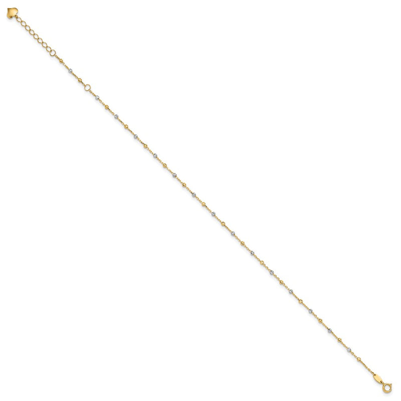 14K Two-Tone Polished and Diamond-Cut Beads 10in Plus 1in Ext. Anklet