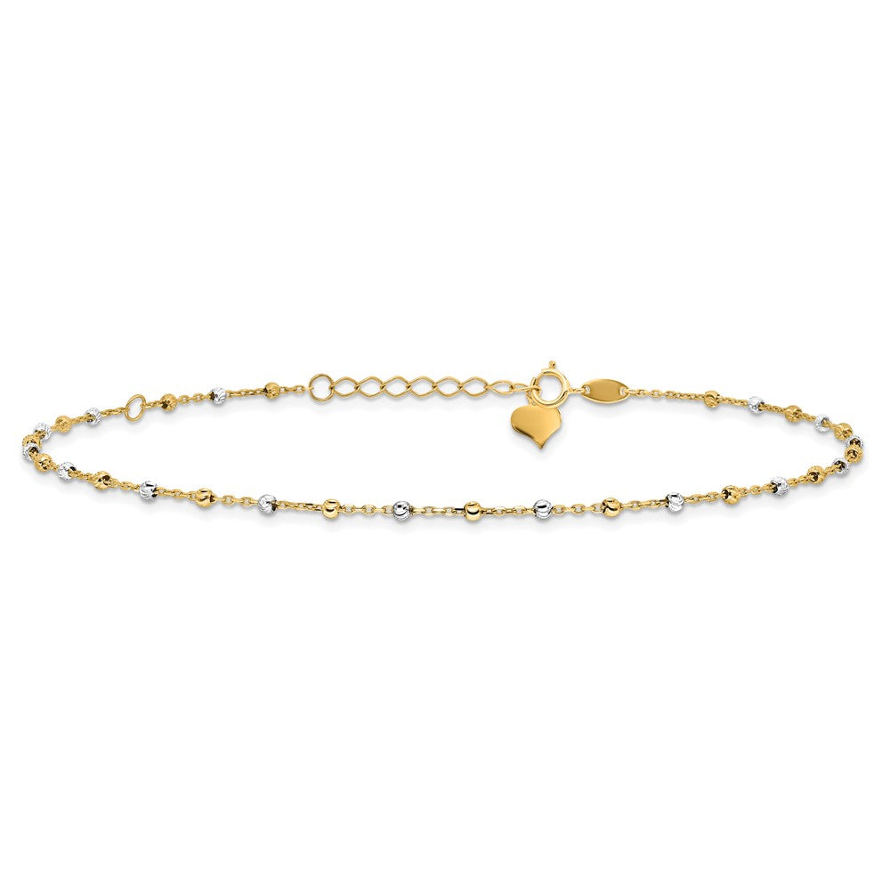 14K Two-Tone Polished and Diamond-Cut Beads 10in Plus 1in Ext. Anklet