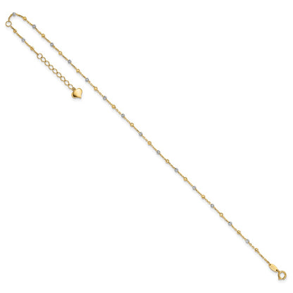 14K Two-Tone Polished and Diamond-Cut Beads 10in Plus 1in Ext. Anklet