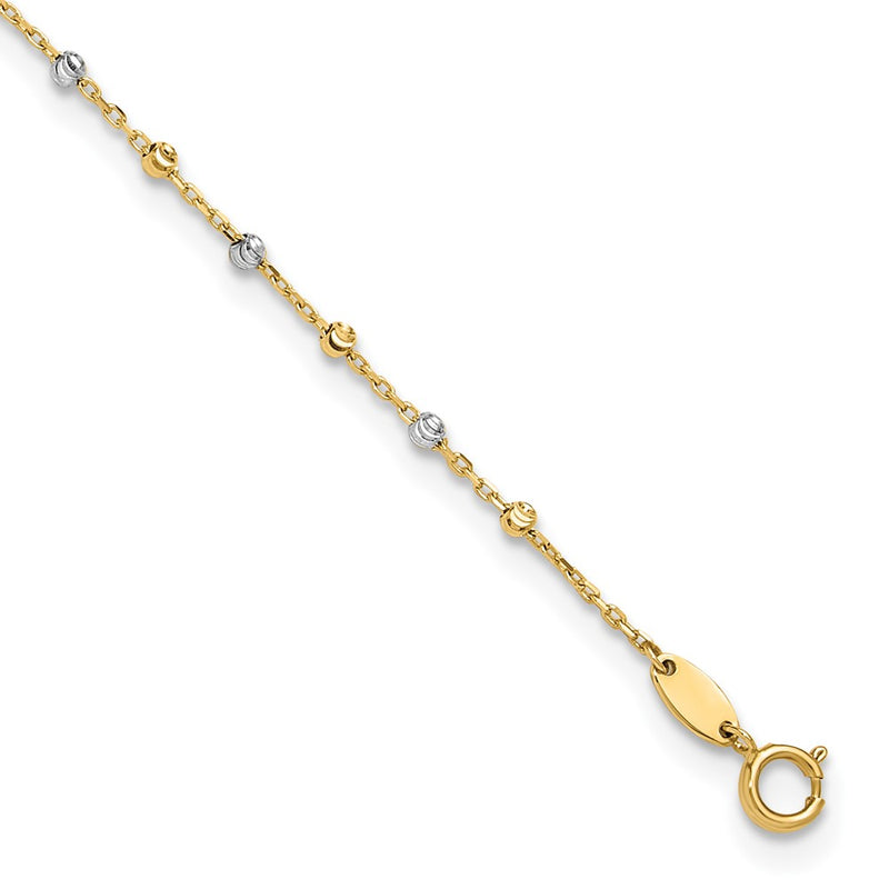 14K Two-Tone Polished and Diamond-Cut Beads 10in Plus 1in Ext. Anklet
