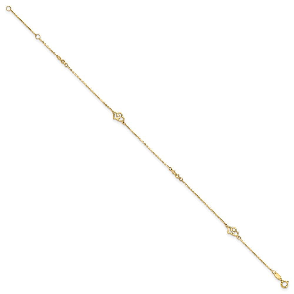 14K Yellow Gold Polished Hearts and Infinity 9in Plus 1in Ext. Anklet