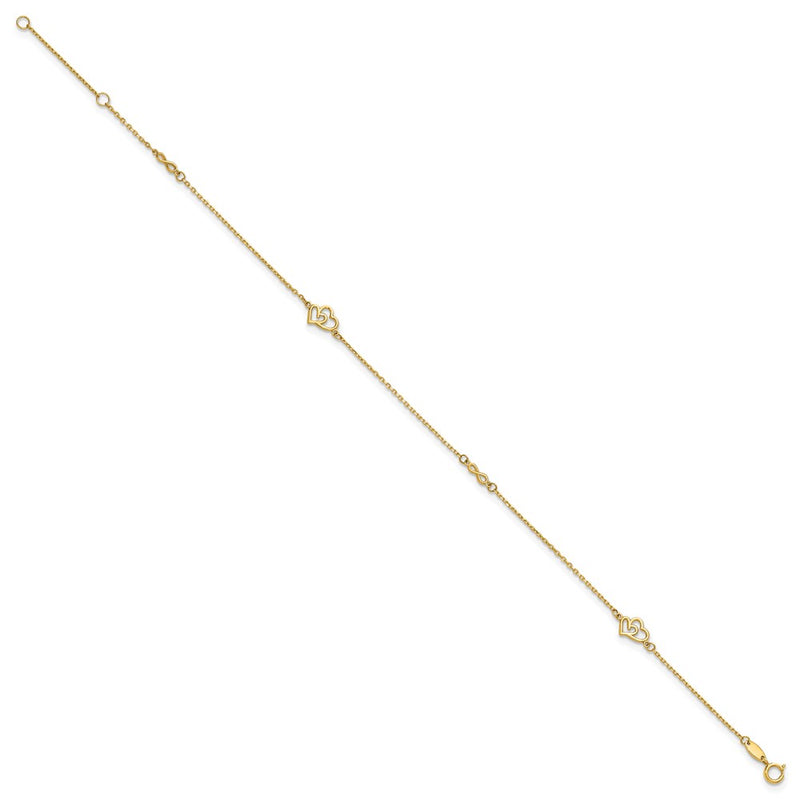 14K Yellow Gold Polished Hearts and Infinity 9in Plus 1in Ext. Anklet