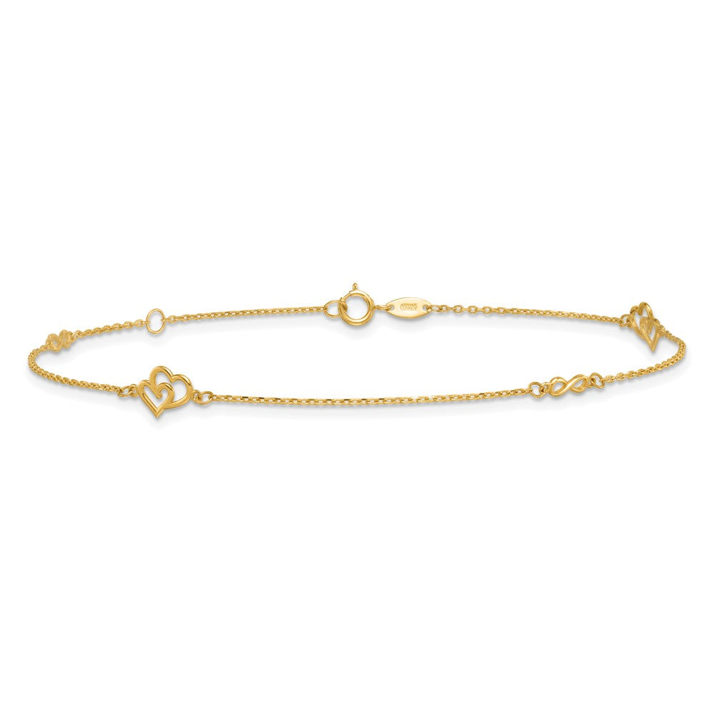 14K Yellow Gold Polished Hearts and Infinity 9in Plus 1in Ext. Anklet