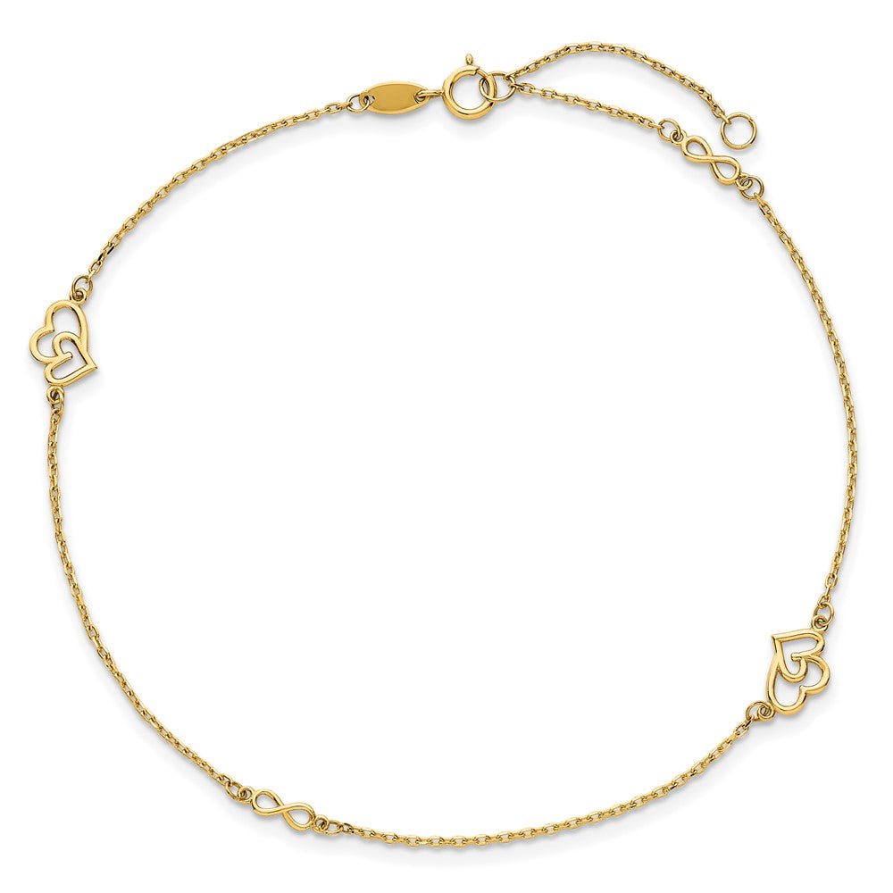 14K Yellow Gold Polished Hearts and Infinity 9in Plus 1in Ext. Anklet
