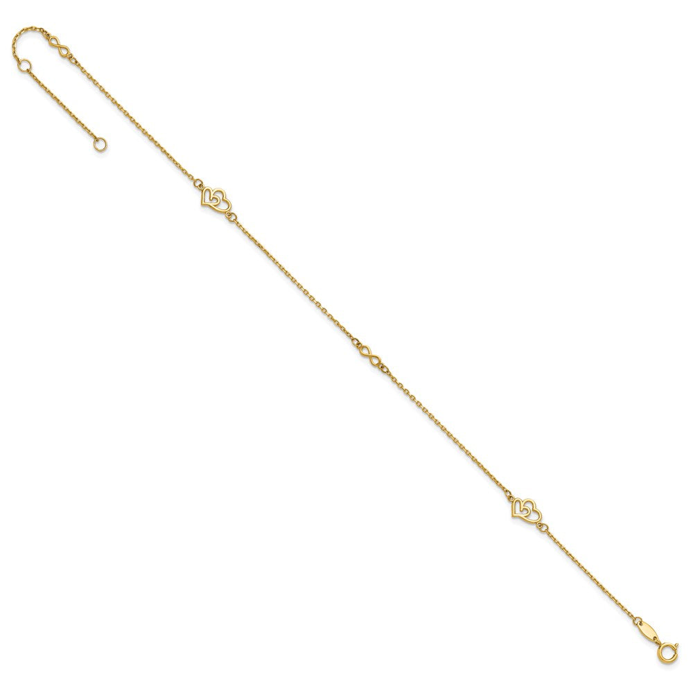 14K Yellow Gold Polished Hearts and Infinity 9in Plus 1in Ext. Anklet