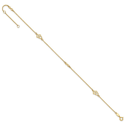 14K Yellow Gold Polished Hearts and Infinity 9in Plus 1in Ext. Anklet