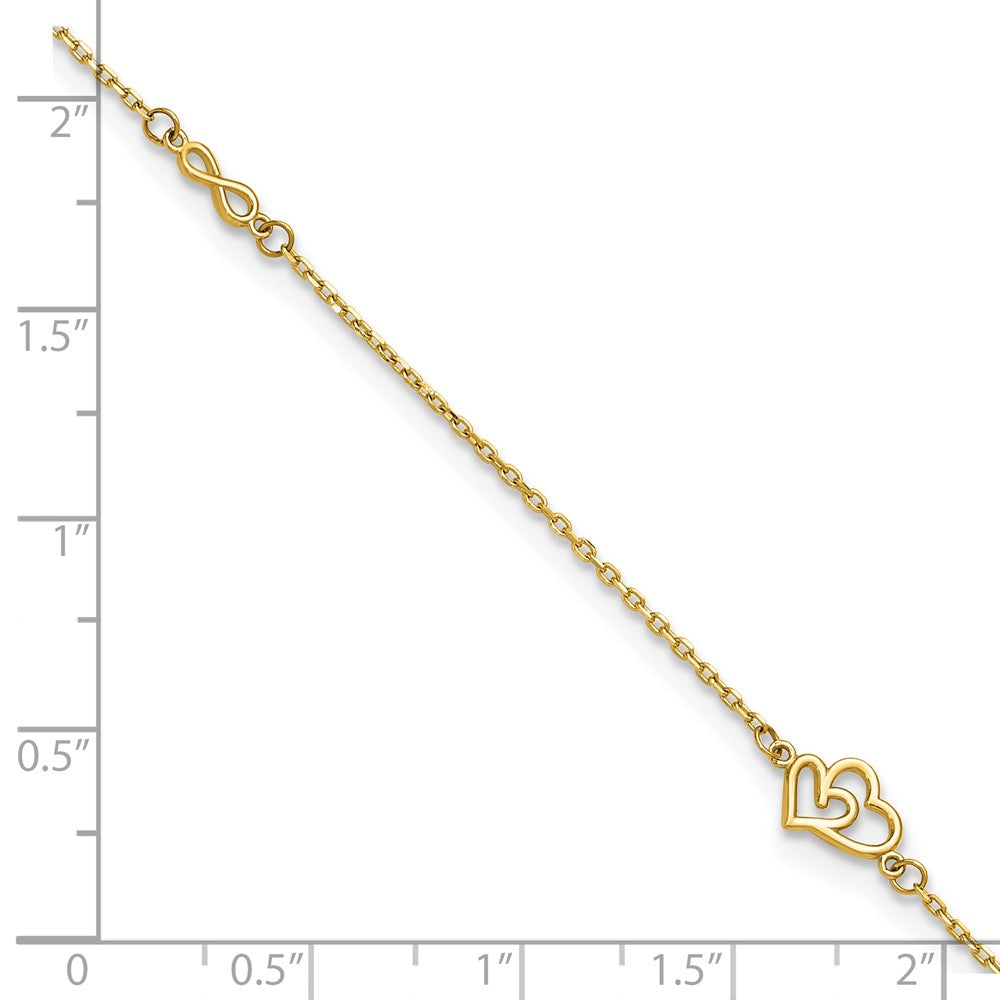 14K Yellow Gold Polished Hearts and Infinity 9in Plus 1in Ext. Anklet