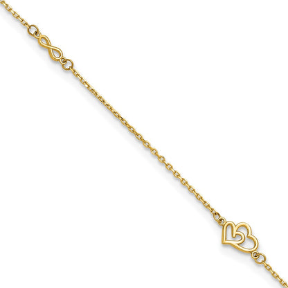 14K Yellow Gold Polished Hearts and Infinity 9in Plus 1in Ext. Anklet