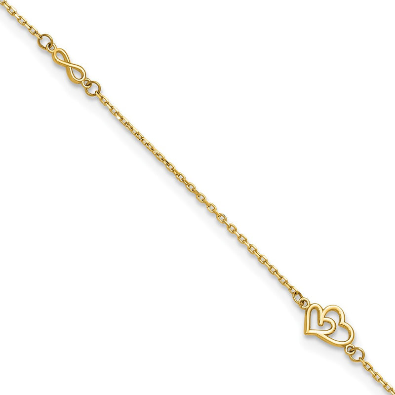14K Yellow Gold Polished Hearts and Infinity 9in Plus 1in Ext. Anklet
