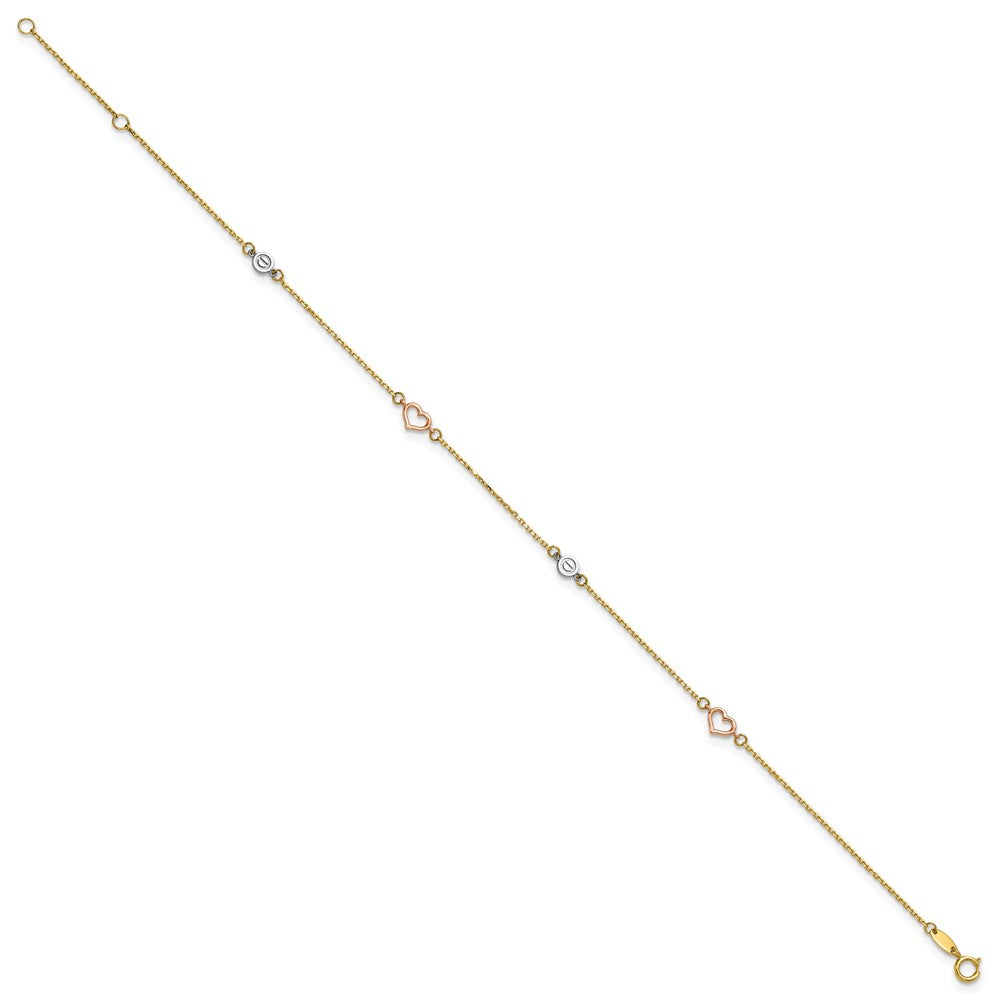 14K Tri-Color Polished 9in Plus 1in Ext. Hearts and Circles Anklet