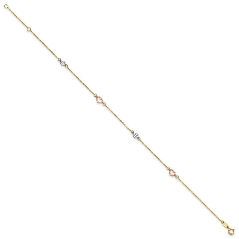 14K Tri-Color Polished 9in Plus 1in Ext. Hearts and Circles Anklet