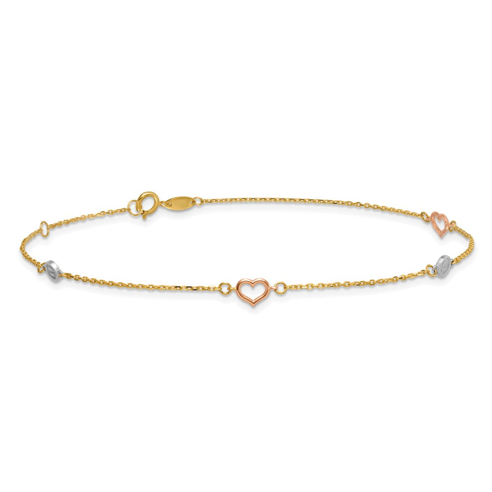 14K Tri-Color Polished 9in Plus 1in Ext. Hearts and Circles Anklet