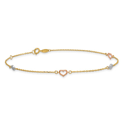 14K Tri-Color Polished 9in Plus 1in Ext. Hearts and Circles Anklet
