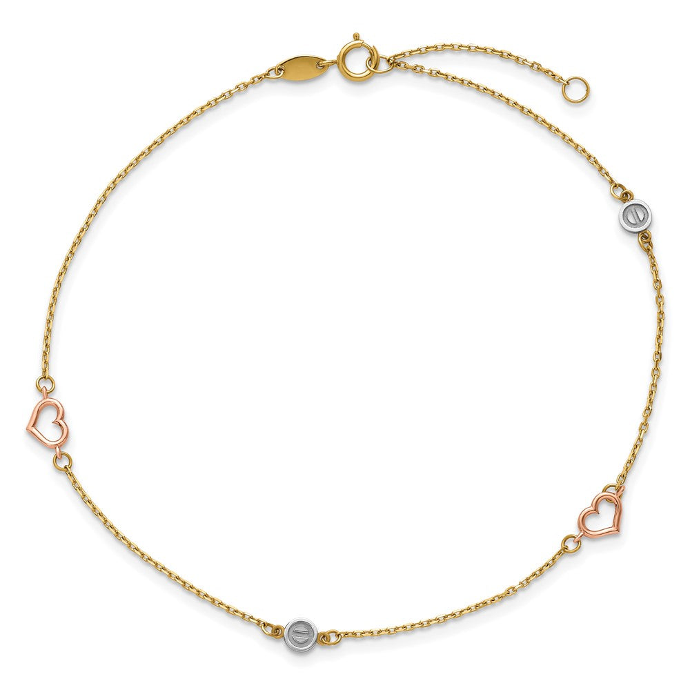 14K Tri-Color Polished 9in Plus 1in Ext. Hearts and Circles Anklet