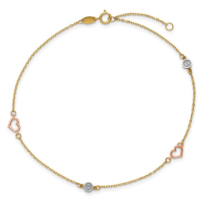 14K Tri-Color Polished 9in Plus 1in Ext. Hearts and Circles Anklet