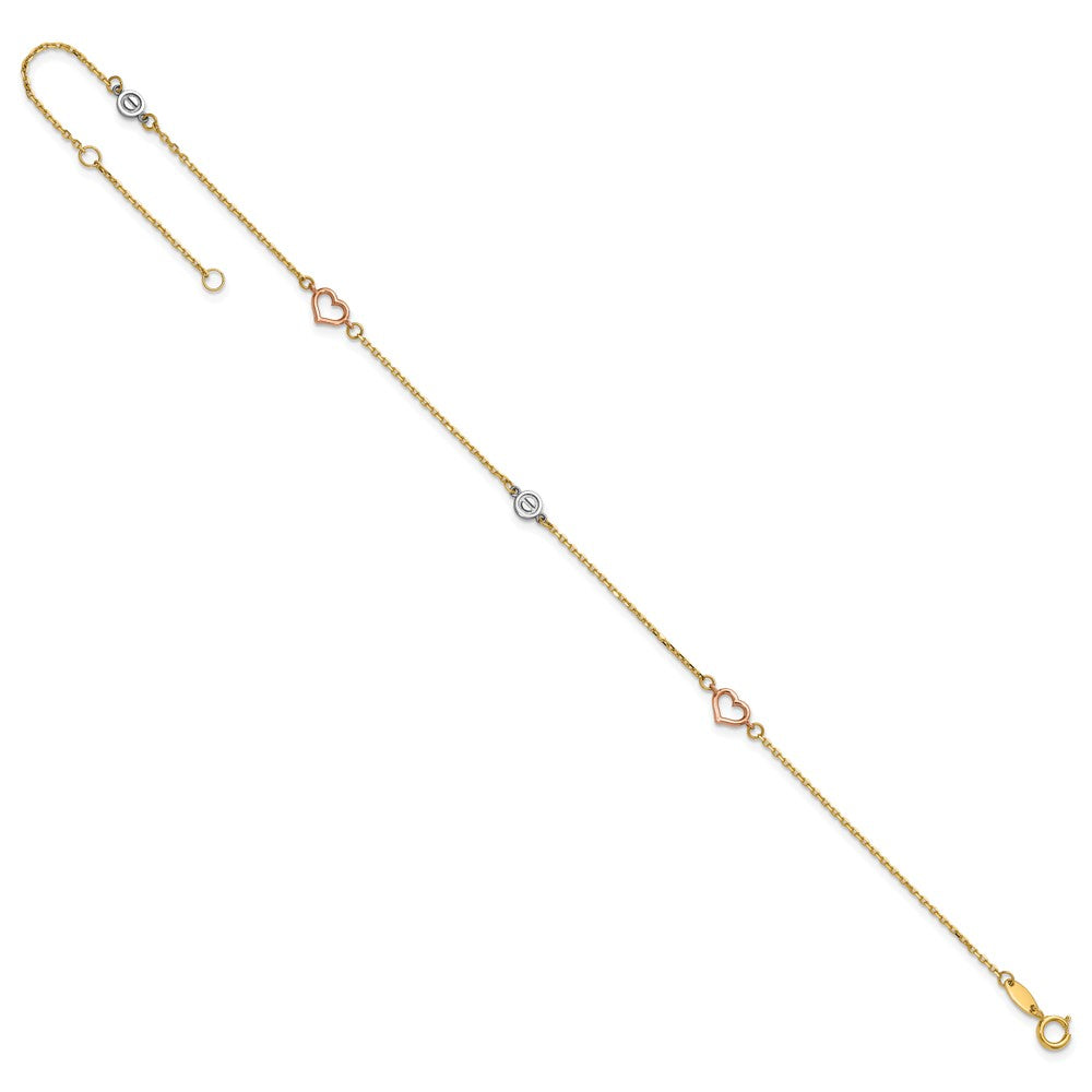 14K Tri-Color Polished 9in Plus 1in Ext. Hearts and Circles Anklet