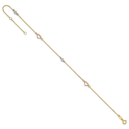 14K Tri-Color Polished 9in Plus 1in Ext. Hearts and Circles Anklet