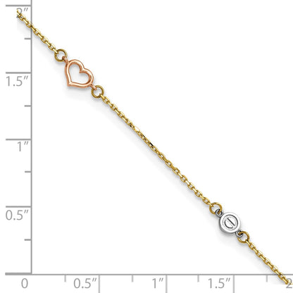 14K Tri-Color Polished 9in Plus 1in Ext. Hearts and Circles Anklet