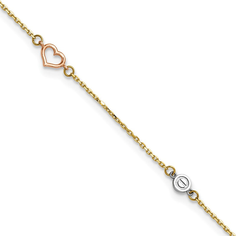 14K Tri-Color Polished 9in Plus 1in Ext. Hearts and Circles Anklet