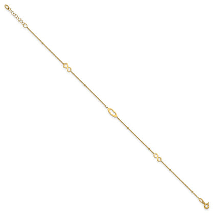 14K Yellow Gold Polished Infinity and Heart 9in Plus 1in Ext Anklet