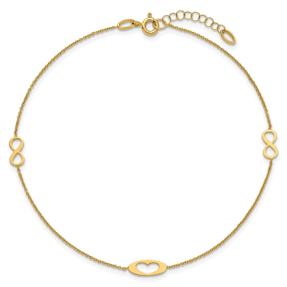 14K Yellow Gold Polished Infinity and Heart 9in Plus 1in Ext Anklet