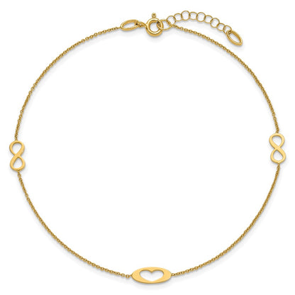 14K Yellow Gold Polished Infinity and Heart 9in Plus 1in Ext Anklet