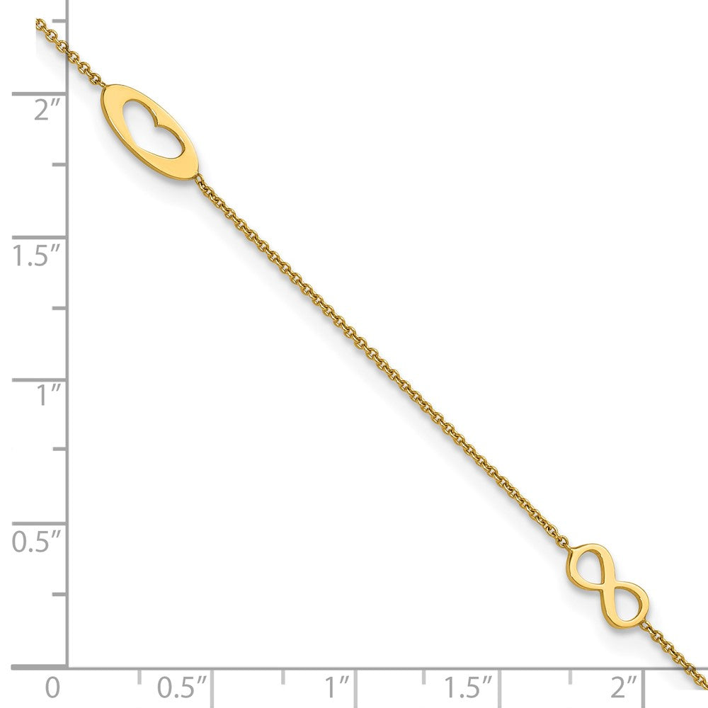 14K Yellow Gold Polished Infinity and Heart 9in Plus 1in Ext Anklet