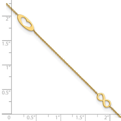 14K Yellow Gold Polished Infinity and Heart 9in Plus 1in Ext Anklet