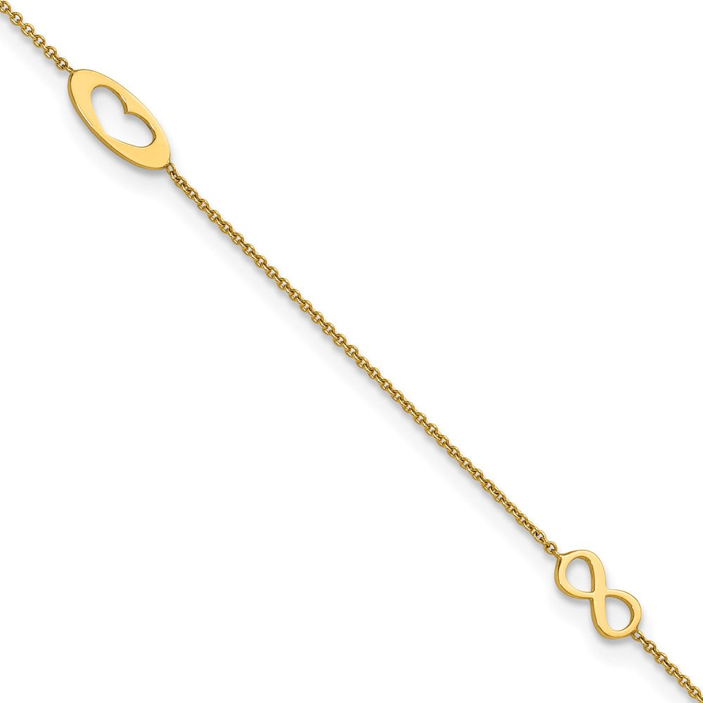 14K Yellow Gold Polished Infinity and Heart 9in Plus 1in Ext Anklet