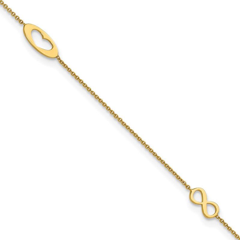 14K Yellow Gold Polished Infinity and Heart 9in Plus 1in Ext Anklet