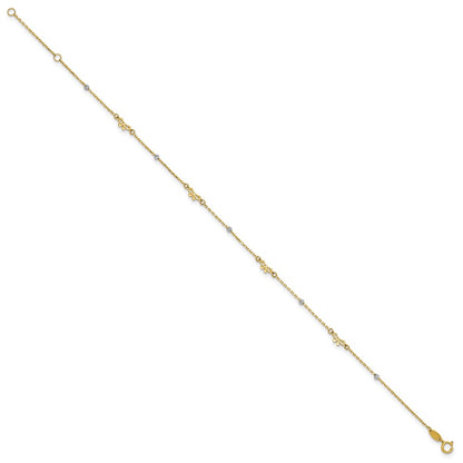 14K Two-Tone Polished 9in Plus 1in Ext. D/c Bead and Bows Anklet