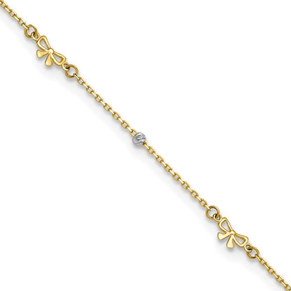 14K Two-Tone Polished 9in Plus 1in Ext. D/c Bead and Bows Anklet