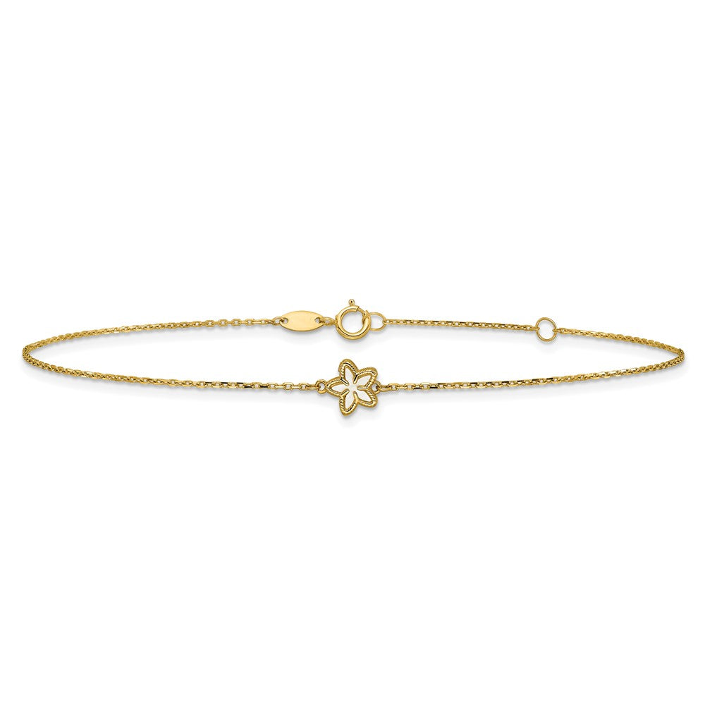14K Yellow Gold Polished Mother of Pearl Flower 9in Plus 1in Ext. Anklet